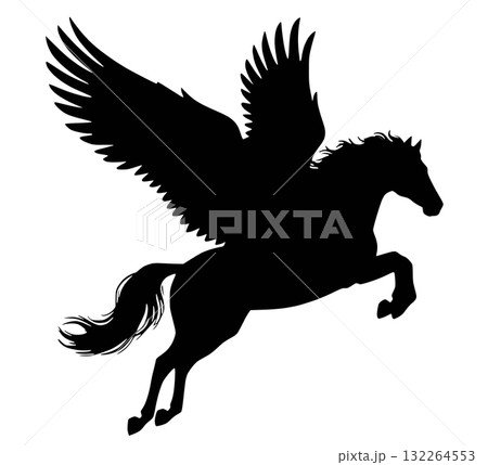 翼を広げ飛び跳ねるペガサスのシャープなシルエット　右向き 132264553