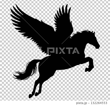 翼を広げ飛び跳ねるペガサスのシャープなシルエット　右向き 132264553