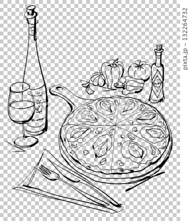 義大利美食的時尚插圖。披薩，葡萄酒。 132264732