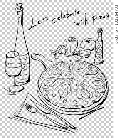 義大利美食的時尚插圖。披薩,葡萄酒。 義大利美食的時尚插圖。披薩,葡萄酒。 132264733