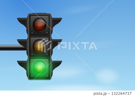 Traffic Light on Blue Sky Background. Red Yellow Green Traffic Light Signal. Stoplight Traffic Light. Signal for City Street, Transport Safety, Intersection Control, Driving Rules 132264737