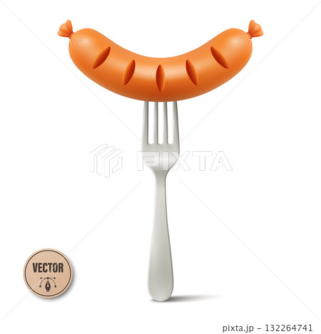 Vector 3d Sausage on Fork, Isolated. Grilled Sausage with Metal Fork. Hot Dog Sausage Food Icon for Menu, Cafe, BBQ, Street Food, Butcher Shop, Oktoberfest, Packaging, Label, Recipe, Cooking Vector 3d Sausage on Fork, Isolated. Grilled Sausage with Metal Fork. Hot Dog Sausage Food Icon for Menu, Cafe, BBQ, Street Food, Butcher Shop, Oktoberfest, Packaging, Label, Recipe, Cooking 132264741