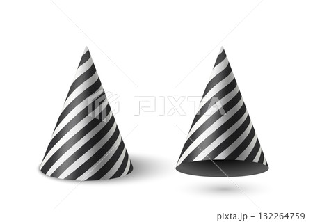 Vector 3d Realistic Party Hat Cone Set with Black and White Stripes, Isolated. Party Hat Clipart with Stripped Pattern. Birthday Celebration Accessory. New Year Carnival Costume, Festive Decoration 132264759