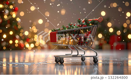 Festive shopping cart filled with Christmas decorations, surrounded by glowing holiday lights Festive shopping cart filled with Christmas decorations, surrounded by glowing holiday lights 132264800