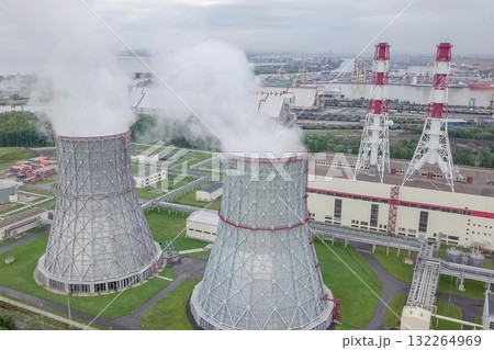 Soaring steam towers of nuclear power plant. 132264969