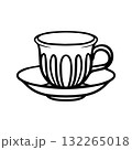 Elegant porcelain tea or coffee cup. Beautiful drinkware. Logo for coffee shop, tearoom, restaurant, or cafe. Doodle illustration for menu design. 132265018
