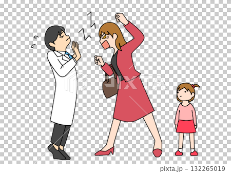 医師にクレームをつける母親とその様子を見ている子供 132265019