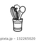 Ladle whisk and spoon in a stand. Symbol of cooking and food preparation. Logo for cafe, restaurant, or bakery. Black and white doodle illustration for menu design. 132265020
