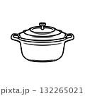 Saucepan with lid. Kitchen utensils. Doodle illustration. Cooking, soups. Black and white graphics for cafes, restaurants, menus. 132265021
