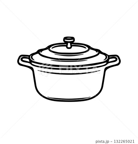 Saucepan with lid. Kitchen utensils. Doodle illustration. Cooking, soups. Black and white graphics for cafes, restaurants, menus. Saucepan with lid. Kitchen utensils. Doodle illustration. Cooking, soups. Black and white graphics for cafes, restaurants, menus. 132265021
