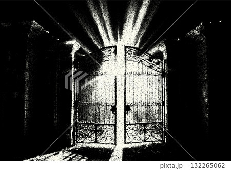 Ancient ruins in sci-fi scene with dotwork retro style. Mysterious gate debris with dramatic lights and retro texture 132265062