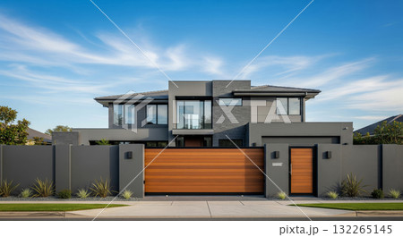 A gray private house of two floors hidden behind a fence with automatic sliding brown gates 132265145
