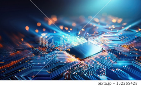 Circuit board with emitting blue light illustrating high-speed data streams in digital acceleration Circuit board with emitting blue light illustrating high-speed data streams in digital acceleration 132265428