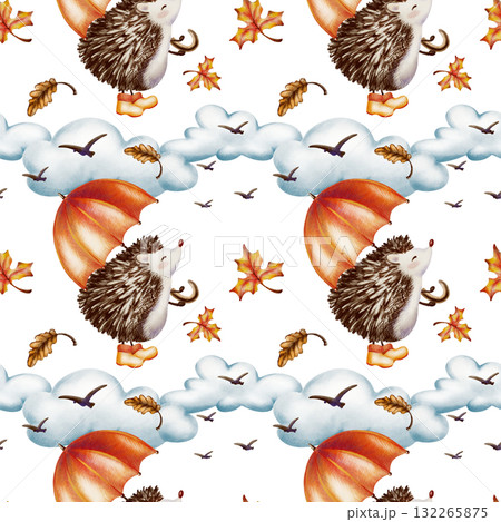 Autumn seamless pattern-Fluffy hedgehog with an orange umbrella and in yellow rubber boots standing on its hind legs and looks at the birds soaring away into the clouds.Watercolor and colored pencils 132265875