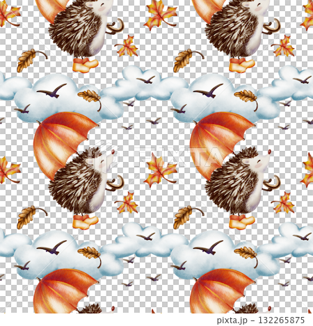Autumn seamless pattern-Fluffy hedgehog with an orange umbrella and in yellow rubber boots standing on its hind legs and looks at the birds soaring away into the clouds.Watercolor and colored pencils 132265875