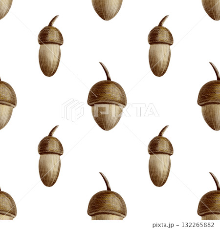 Acorns in seamless pattern as a symbol of autumn,Halloween,Thanksgiving.Watercolor and colored pencil illustration in child style.Hand painted seasonal clipart for autumn holidays,pumpkin fest 132265882
