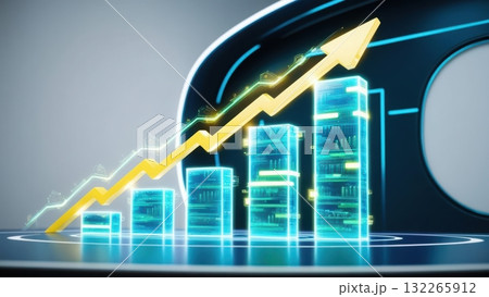 Vibrant city skyline with upward arrow representing financial growth and ai intelligence in a virtual world Vibrant city skyline with upward arrow representing financial growth and ai intelligence in a virtual world 132265912