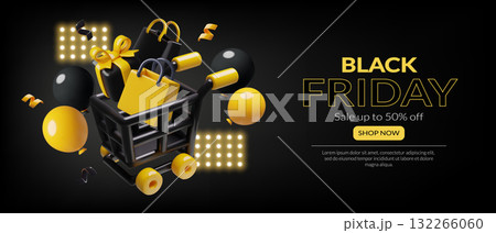 Black Friday sale banner with 3d shopping cart, gift box and gift bag inside and flying balloons 132266060