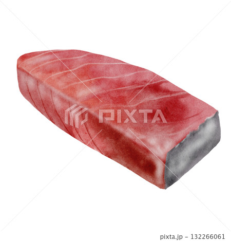 Tuna fillet watercolor. Hand-drawn steak ocean fish on a white background. Food clip art. Perfect for restaurant menu recipe books and Japanese cuisine. 132266061