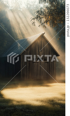 Wooden barn surrounded by fog and sunlight 132266073