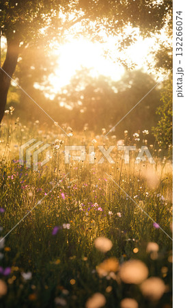 Wildflower meadow in golden morning light, cinematic 132266074