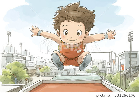 トランポリンで着地に集中する選手 132266176