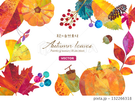 秋の紅葉した落ち葉や木の実と、収穫したカボチャでデザインした囲みフレーム。 132266318