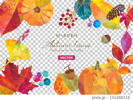 秋の紅葉した落ち葉や木の実と、収穫したカボチャでデザインした囲みフレーム。 132266318