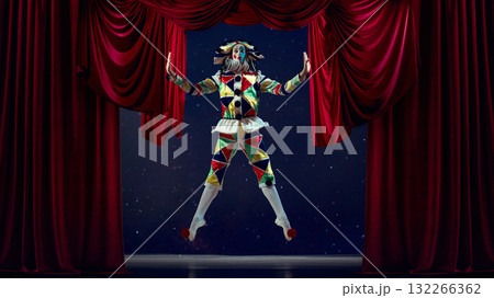 Suspended moment. Mime artist jumping on stage under red curtain in spotlight. Suspended moment. Mime artist jumping on stage under red curtain in spotlight. 132266362