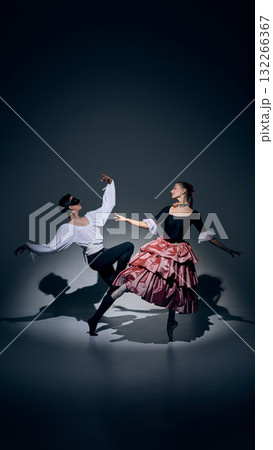 Ballet dancers in elegant pose under dramatic stage light. 132266367
