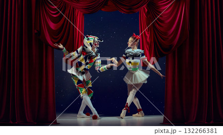 Creative encounter. Mime and ballerina exchanging gestures on theater stage. Creative encounter. Mime and ballerina exchanging gestures on theater stage. 132266381