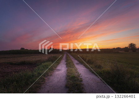 Dirt road towards colorful clouds during sunset Dirt road towards colorful clouds during sunset 132266401