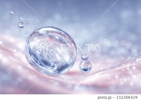 透明な水滴が波の上で輝く美しい抽象背景　潤いと透明感を表現した美容イメージ 132266429
