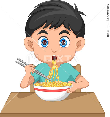 cute little boy eating noodles cartoon 132266465