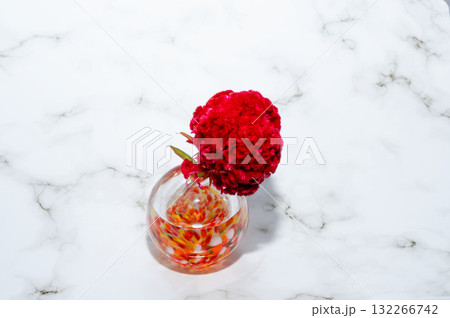 ガラスの暖色の一輪挿しに挿したケイトウの花(中配置) ガラスの暖色の一輪挿しに挿したケイトウの花(中配置) 132266742