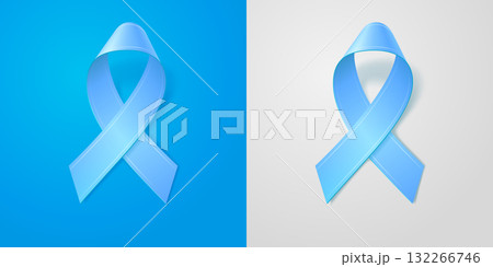 Realistic illustration blue ribbon with soft shadow on blue and gray isolated background. Prostate cancer awareness symbol. Editable vector template for design. 3d icon. Realistic illustration blue ribbon with soft shadow on blue and gray isolated background. Prostate cancer awareness symbol. Editable vector template for design. 3d icon. 132266746