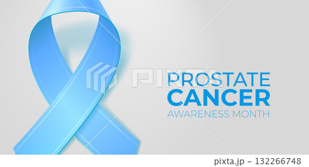 Realistic blue ribbon with copy space on light gray background. Prostate cancer awareness. Medical banner with copy space. Editable vector illustration for poster, card, banner. 132266748