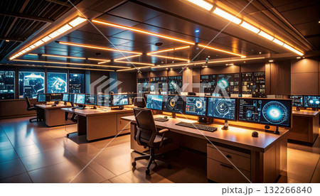 Stylized AI Control Room With Glowing Interface Panels. AI themed Background. Generated Image Stylized AI Control Room With Glowing Interface Panels. AI themed Background. Generated Image 132266840