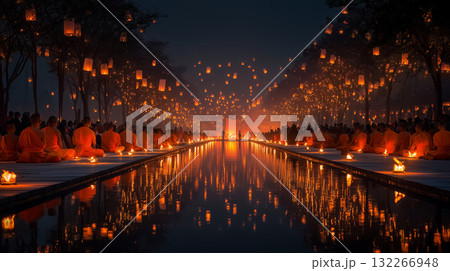 Celebrating Makha Bucha Day with candlelight and meditation in Thailand 132266948
