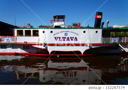 Steamboat Vltava, one of the last two remaining operating steamers floating on Vltava River on April 29, 2025 in Prague, Czech republic. 132267574