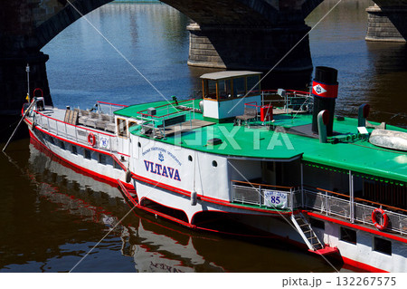 Steamboat Vltava, one of the last two remaining operating steamers floating on Vltava River on April 29, 2025 in Prague, Czech republic. 132267575