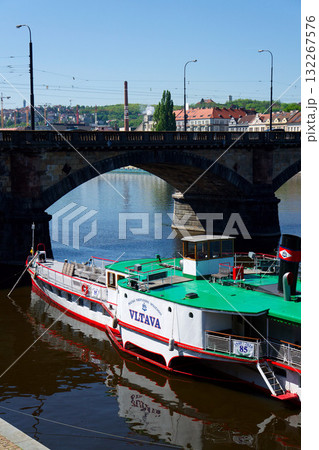Steamboat Vltava, one of the last two remaining operating steamers floating on Vltava River on April 29, 2025 in Prague, Czech republic. Steamboat Vltava, one of the last two remaining operating steamers floating on Vltava River on April 29, 2025 in Prague, Czech republic. 132267576