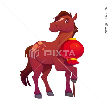 Cartoon horse character for Chinese Lunar New Year animal, vector symbol. Funny cute cartoon horse with red lantern or paper light lamp for Chinese Lunar calendar symbol of New Year Asian holiday Cartoon horse character for Chinese Lunar New Year animal, vector symbol. Funny cute cartoon horse with red lantern or paper light lamp for Chinese Lunar calendar symbol of New Year Asian holiday 132267633