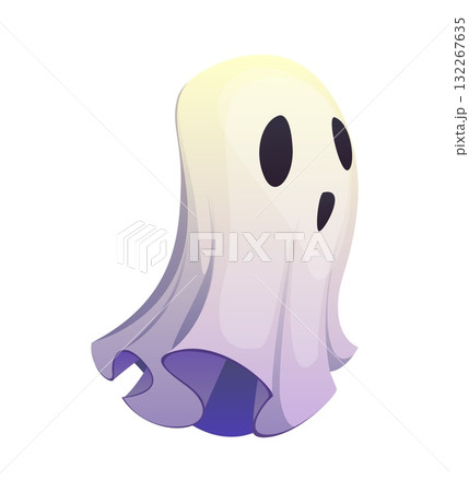 Halloween cartoon ghost character for horror night holiday and trick or treat party, vector personage. Halloween cute boo ghost or poltergeist in bedsheet for spooky and scary holiday character 132267635