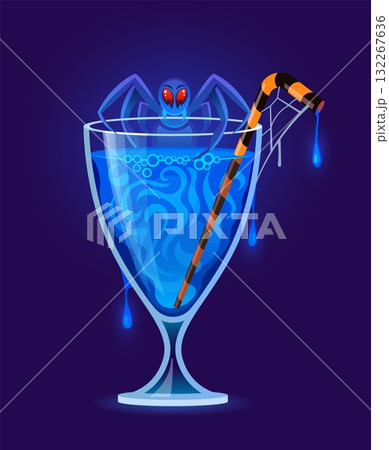 Halloween blue scary cocktail, glowing drink in a goblet with swirling liquid, striped straw, dripping webs, and a creepy red eyed spider crawling over the rim. Mysterious and spooky fantasy beverage 132267636
