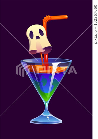 Halloween holiday cocktail. Colorful cartoon vector beverage in martini glass with a layered drink and orange straw topped with cute ghost figure. Fun, spooky and festive drink for party or bar menus Halloween holiday cocktail. Colorful cartoon vector beverage in martini glass with a layered drink and orange straw topped with cute ghost figure. Fun, spooky and festive drink for party or bar menus 132267660