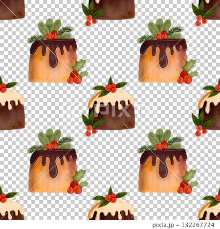 Seamless Christmas pattern with chocolate cake. Christmas pie decorated with icing, holly, and red berries. Winter festive fruitcake, fruit dessert. Watercolor illustration. 132267724