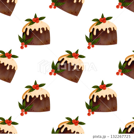 Seamless Christmas pattern. Chocolate cake. Christmas pie decorated with icing, holly, and red berries. Winter festive fruitcake, fruit dessert. Watercolor illustration. 132267725