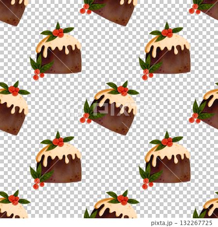Seamless Christmas pattern. Chocolate cake. Christmas pie decorated with icing, holly, and red berries. Winter festive fruitcake, fruit dessert. Watercolor illustration. 132267725