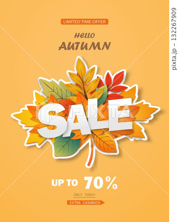 The layout of the autumn sale with discounts. The design of a frame for a sale, an advertising poster. The layout of the autumn sale with discounts. The design of a frame for a sale, an advertising poster. 132267909
